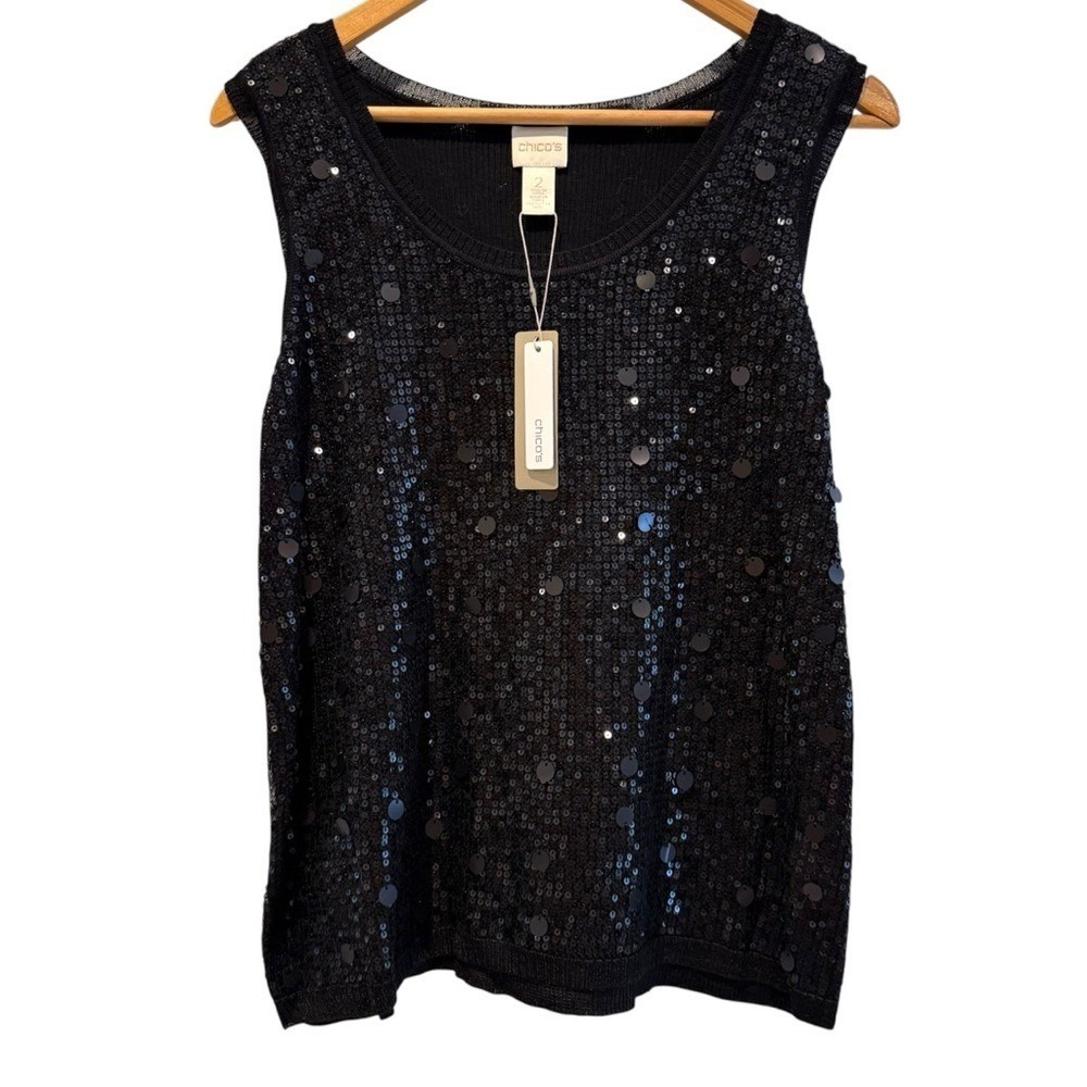 Chico's Tank Top Black Sequin Embellished Glam Sleeveless Knit Women Size 2 L